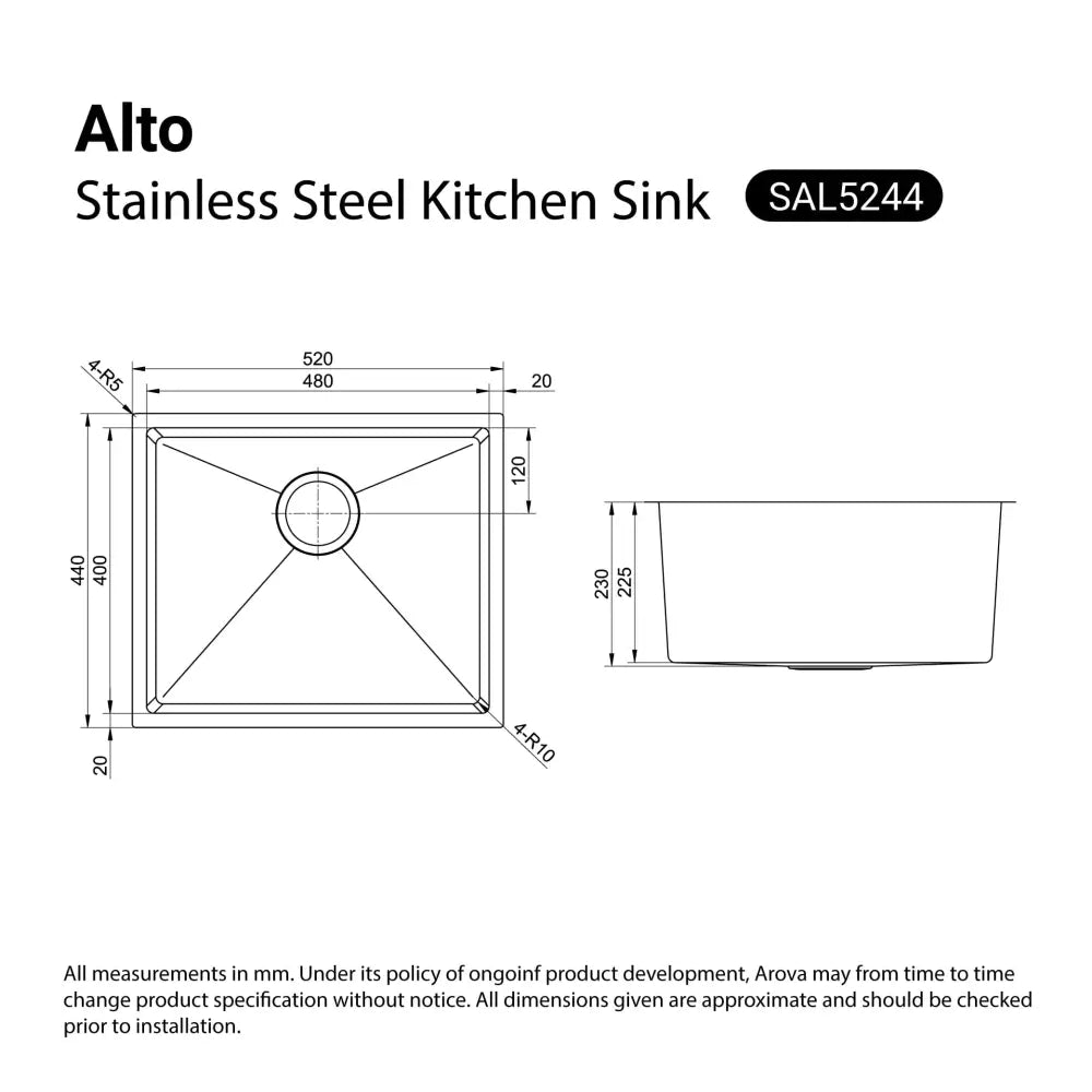 Alto 520x440mm Kitchen Laundry Sink Top / Undermount - Sinks