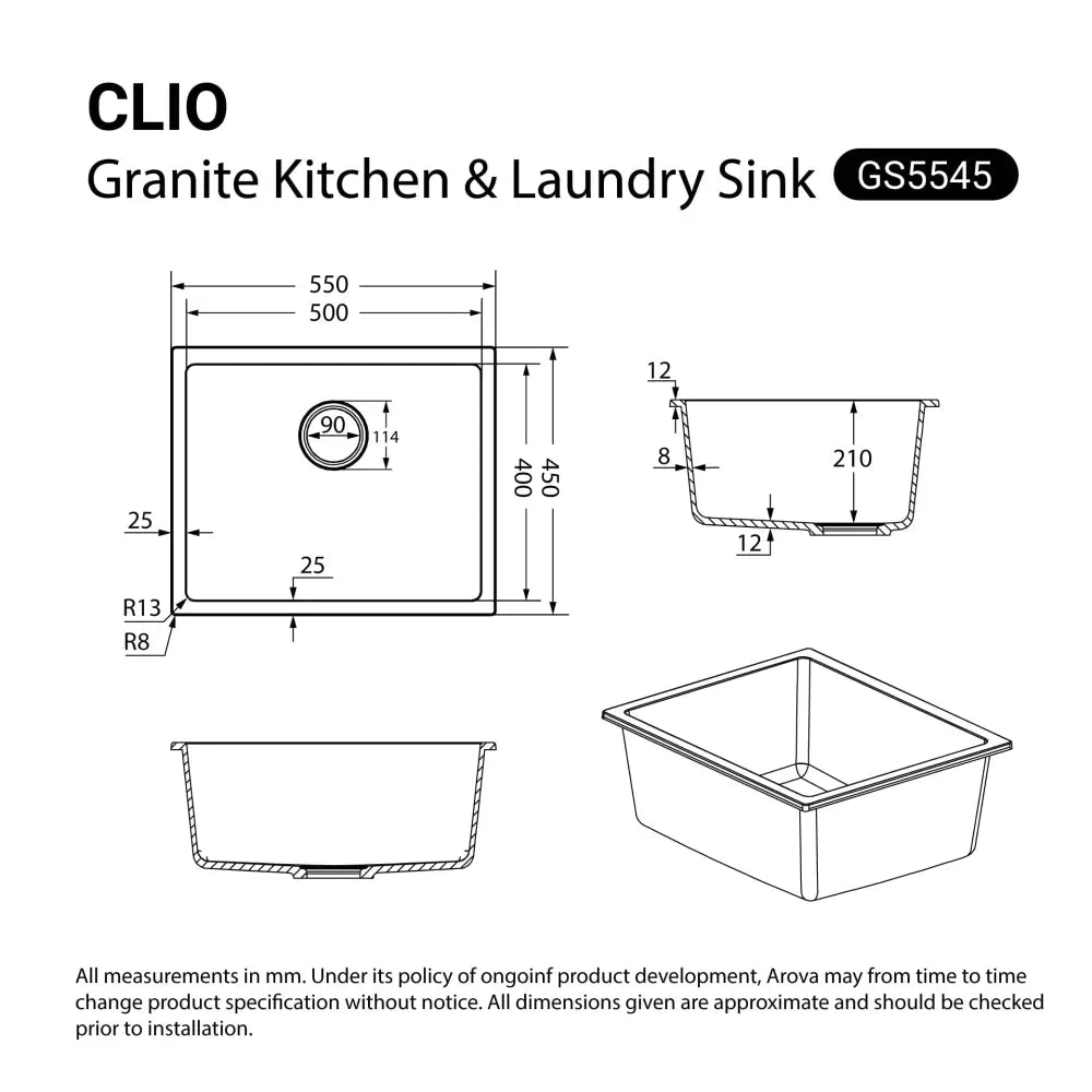 CLIO Granite White Kitchen Sink 550x450 Single Bowl - Sinks
