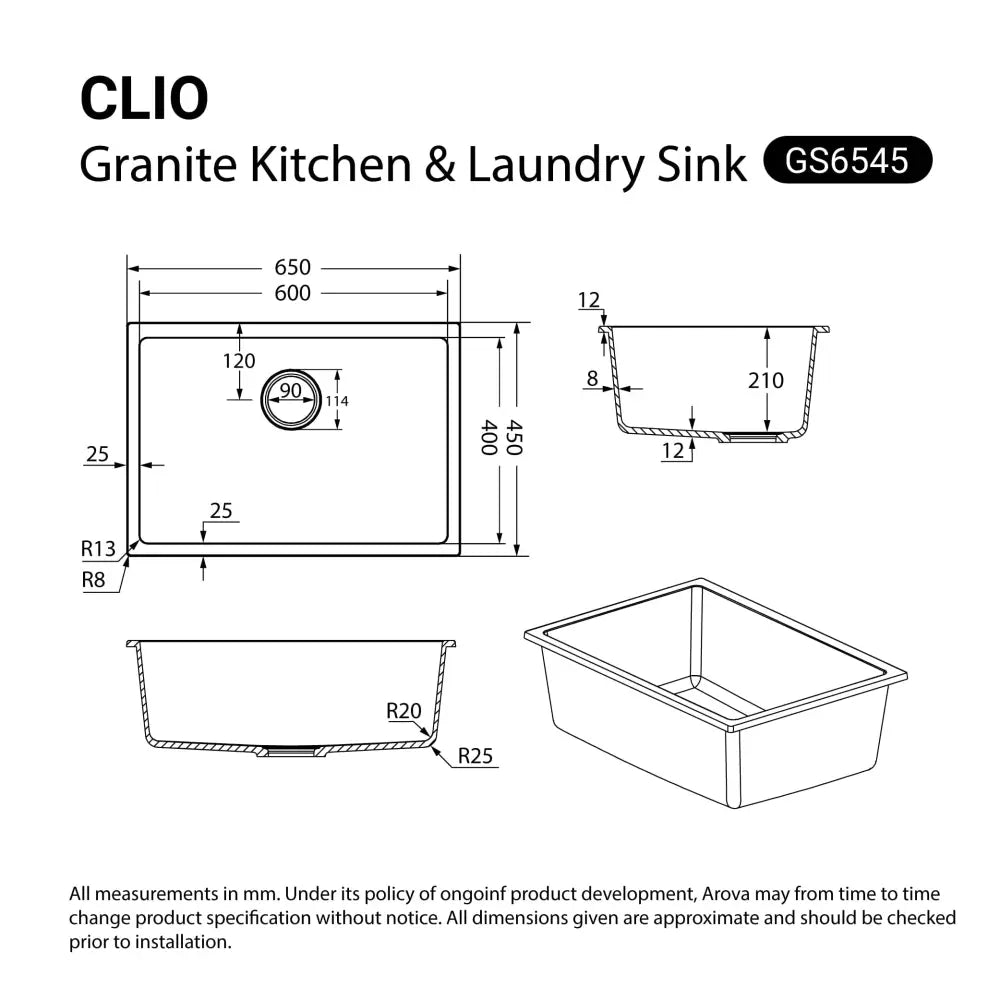 CLIO Granite White Kitchen Sink 650x450 Single Bowl - Sinks