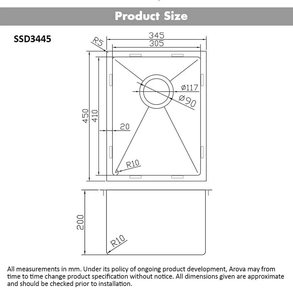 ULTIMO 1.5mm 340W x 450D Single Bowl Square Sink - SSD3445 - Sinks