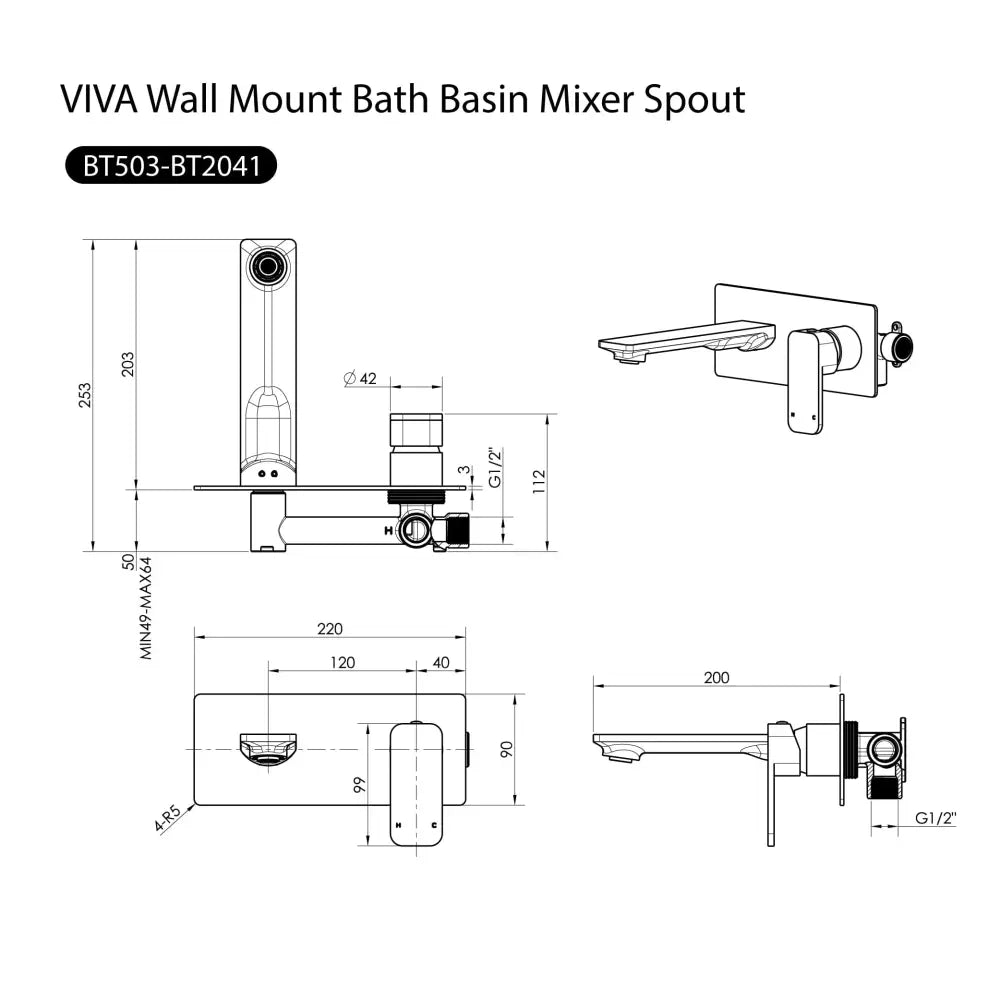 VIVA Wall Mount Bath Basin Mixer Spout Gunmetal - Tapware